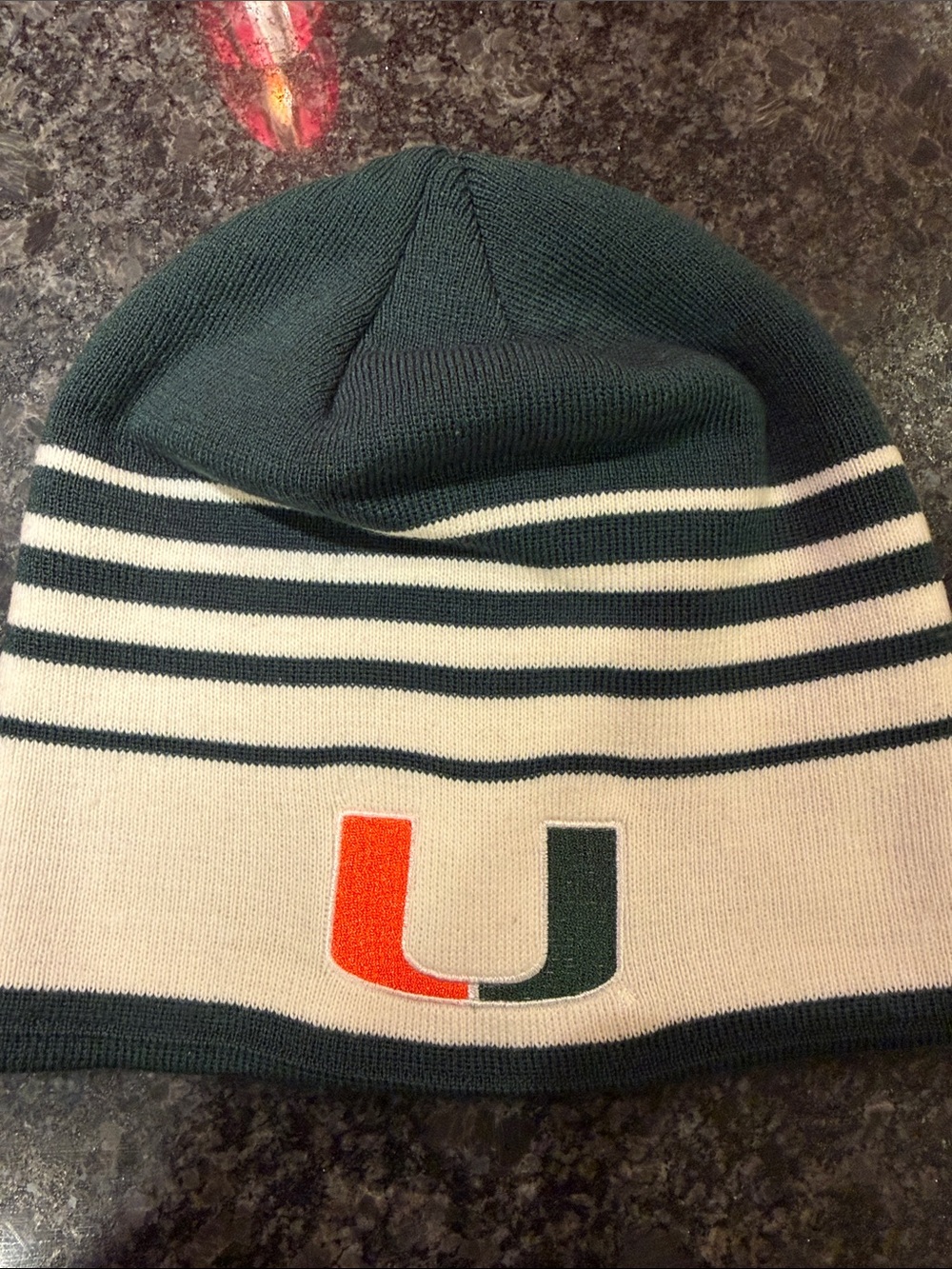 adidas  University of Miami "U" logo Striped Cuffed Beanie